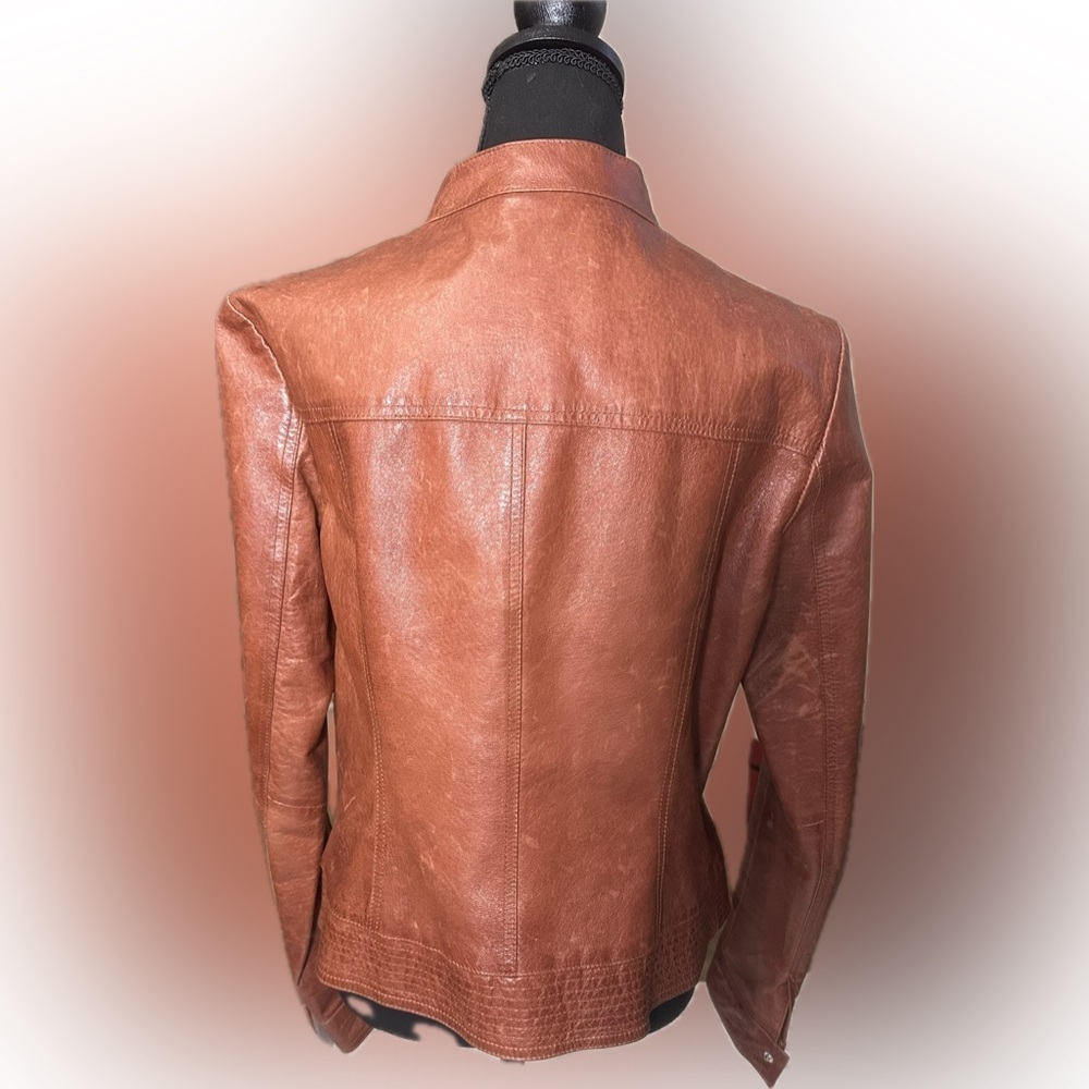 Tahari Women's Dark Burnt Orange Lamb Leather Jacket Medium - Picture 3 of 11